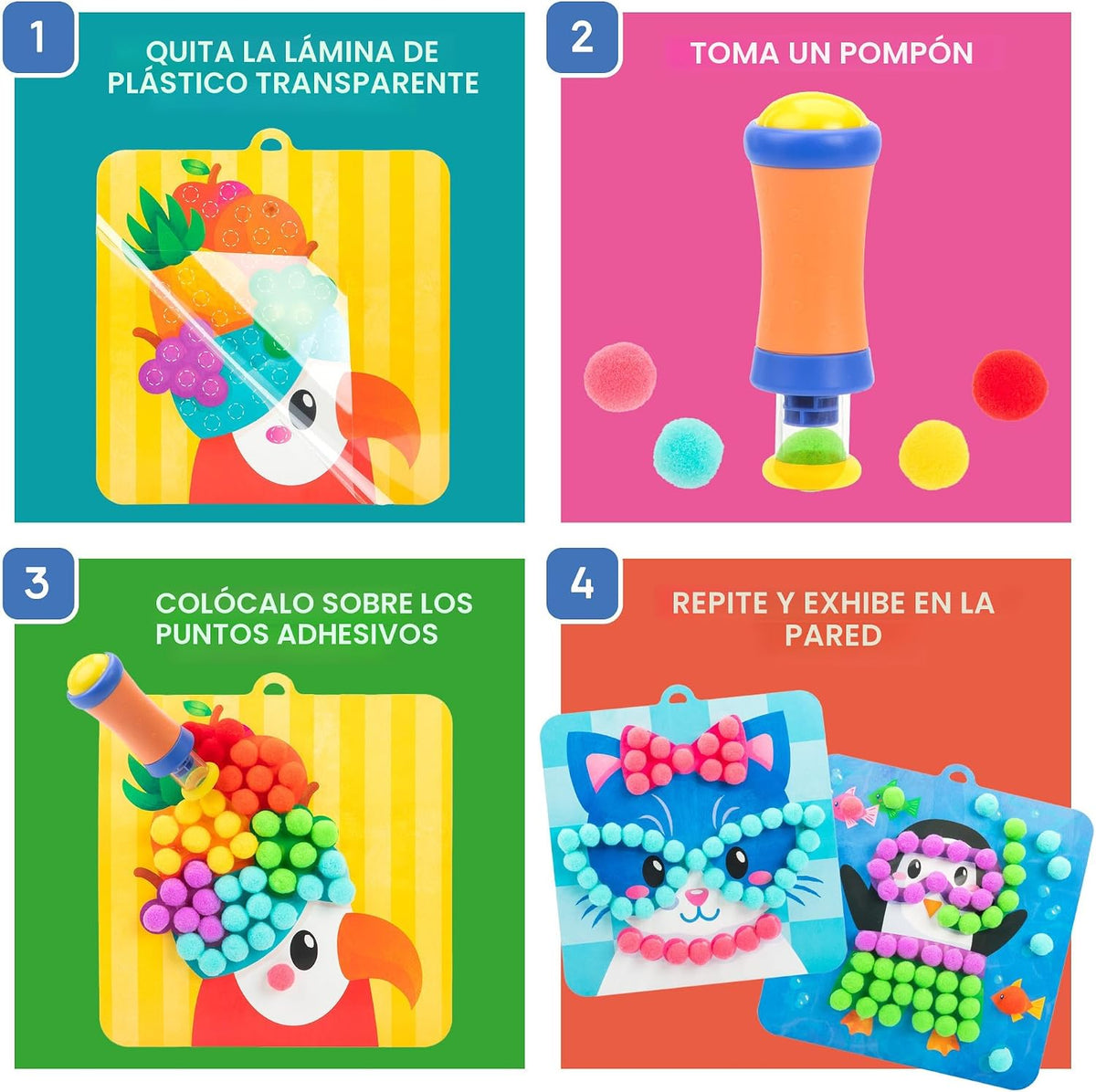Kit creativo de manualidades con pompones para crear animales.