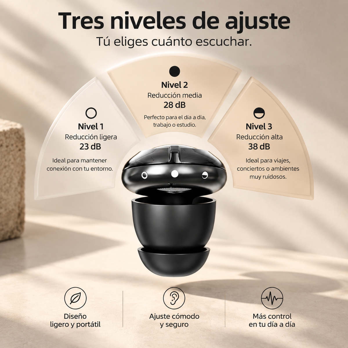 Tapones ajustables con 3 niveles de reducción de ruido.