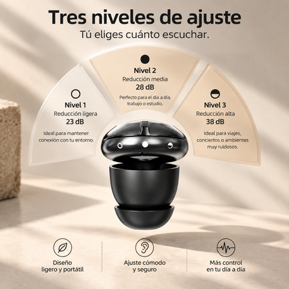Tapones ajustables con 3 niveles de reducción de ruido.
