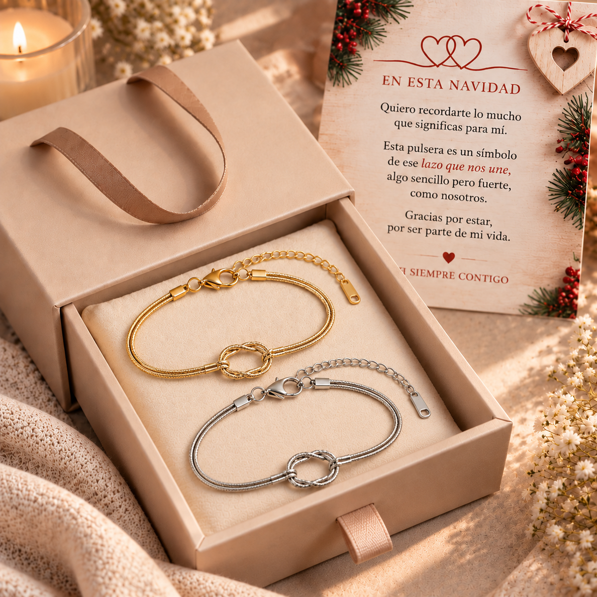 Set de 2 Pulseras Nudo de Amor + Caja de Regalo + Tarjeta Especial Incluida