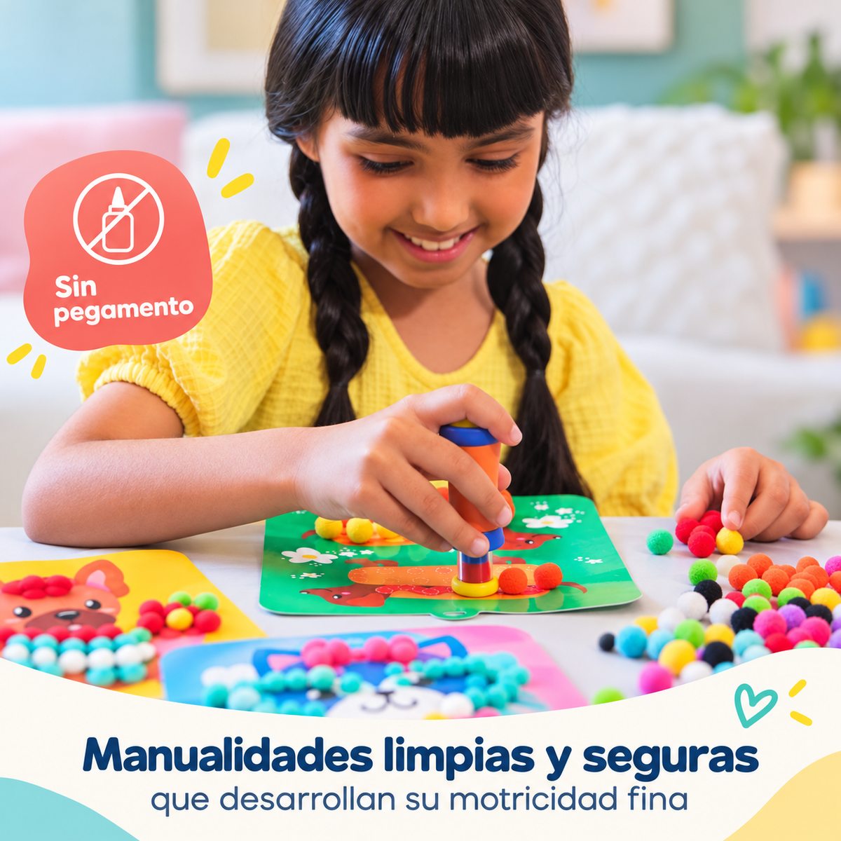 Kit creativo de manualidades con pompones para crear animales.